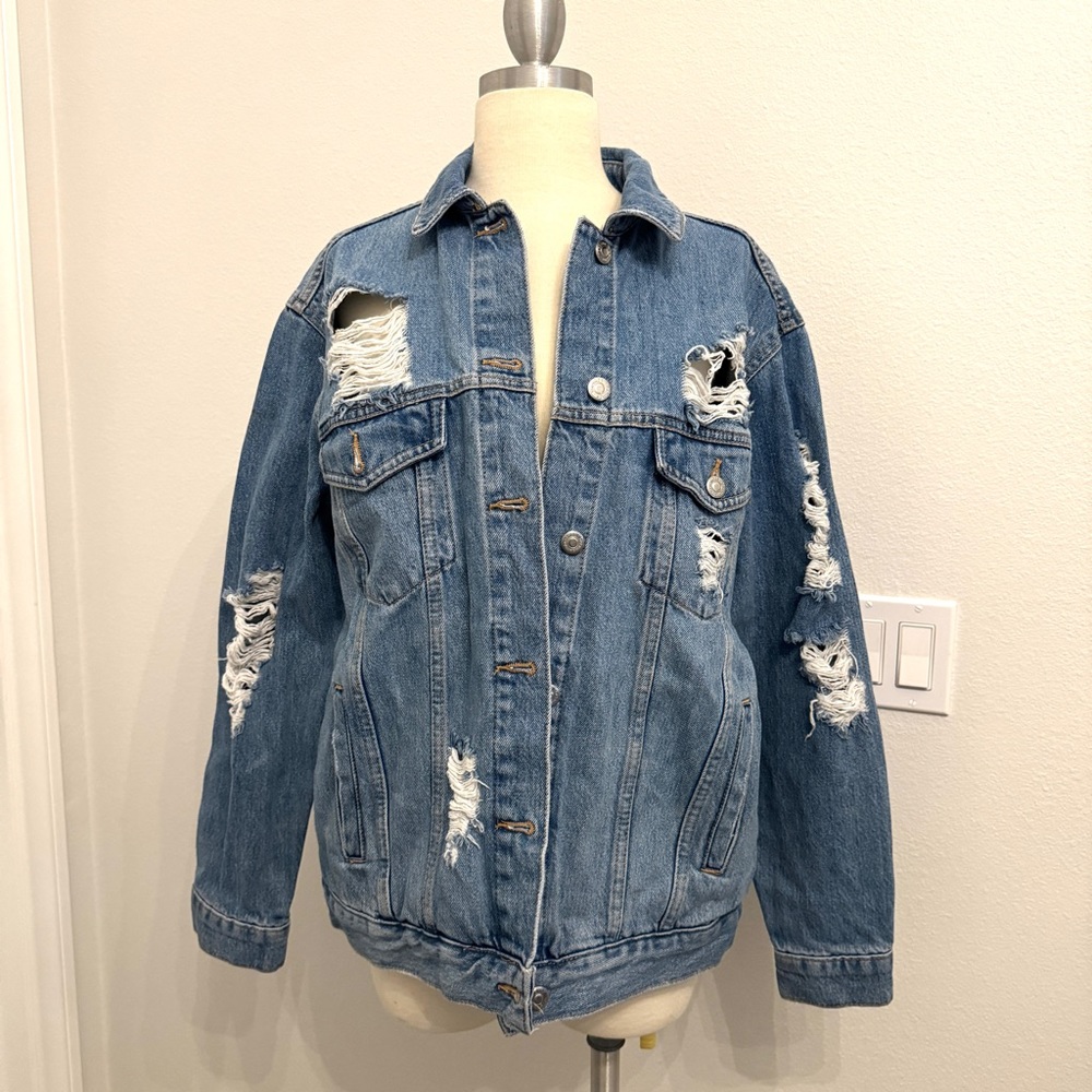 Topshop Destroyed Denim Jean Jacket Size 6